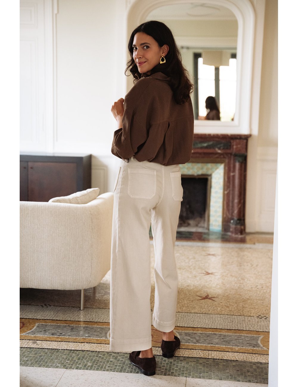 Pantalon Léone - Denim beige taille haute jambes larges poches plaquées - Douze Juin