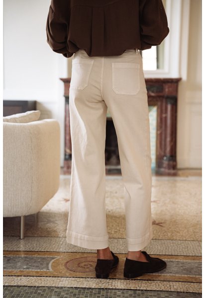 Pantalon Léone - Denim beige taille haute jambes larges poches plaquées - Douze Juin