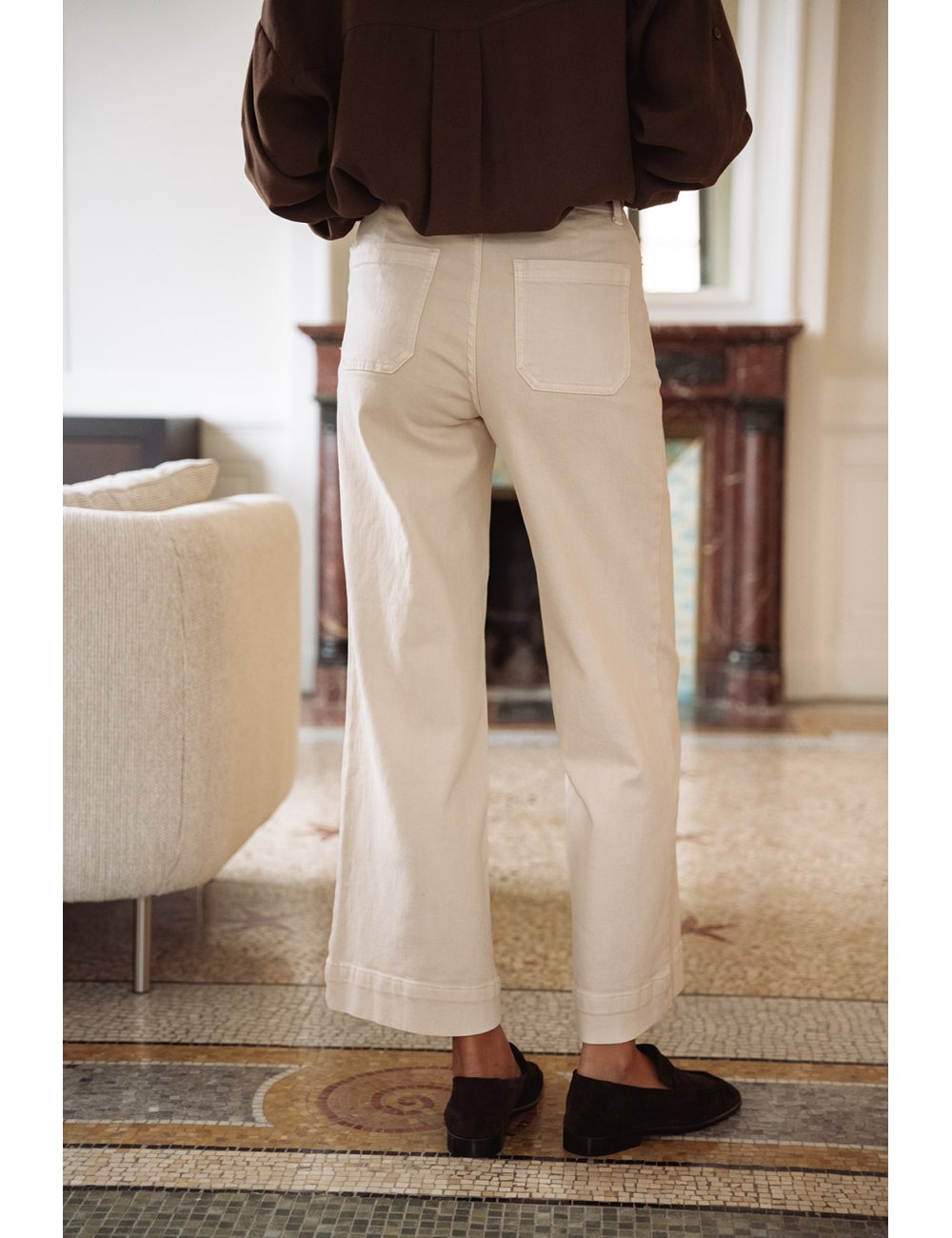 Pantalon Léone - Denim beige taille haute jambes larges poches plaquées - Douze Juin