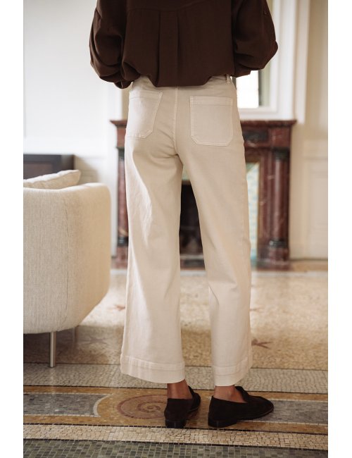 Pantalon Léone - Denim beige taille haute jambes larges poches plaquées - Douze Juin