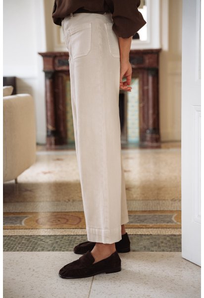 Pantalon Léone - Denim beige taille haute jambes larges poches plaquées - Douze Juin