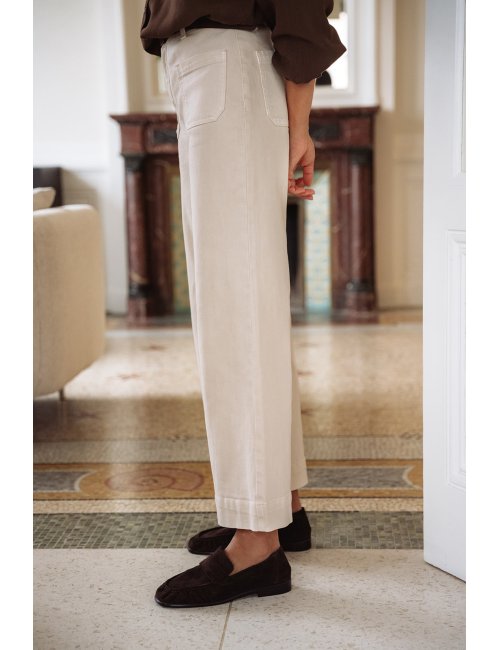 Pantalon Léone - Denim beige taille haute jambes larges poches plaquées - Douze Juin