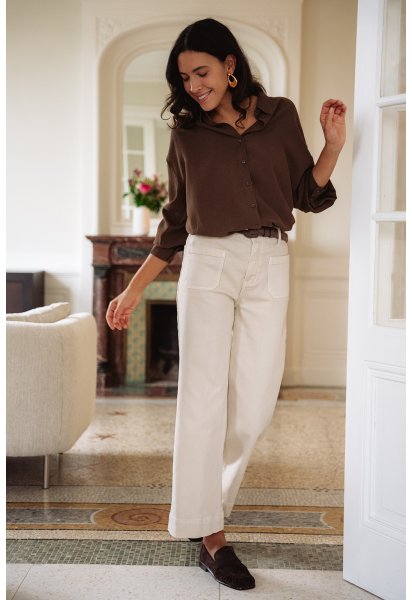 Pantalon Léone - Denim beige taille haute jambes larges poches plaquées - Douze Juin