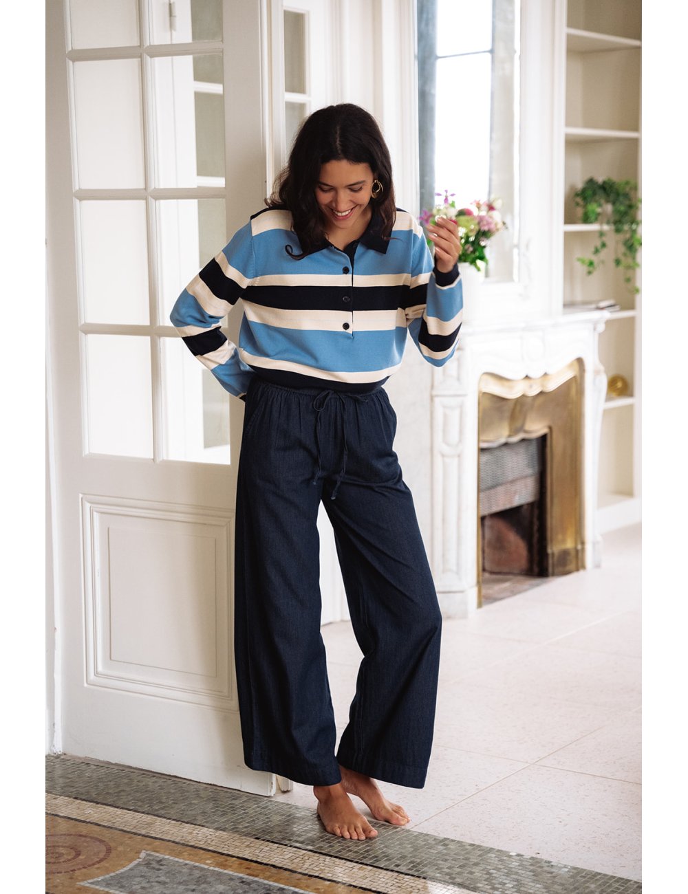 Pantalon Jude - Pantalon denim taille haute élastique lien à nouer - Douze Juin