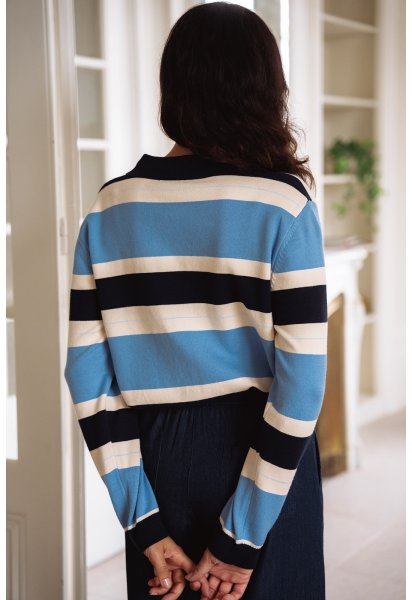 Sweat Eden - Sweat tricolore manches longues col polo boutonnage bords-côtes - Douze Juin