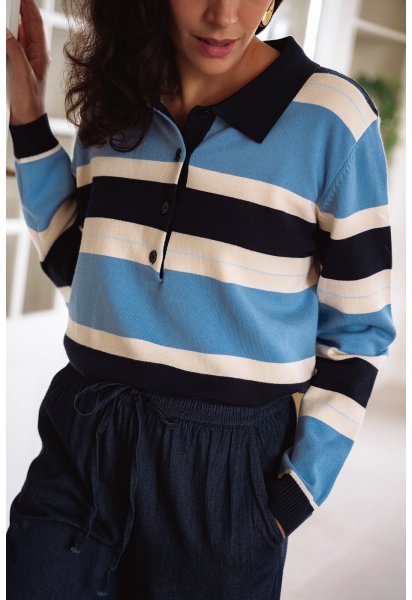 Sweat Eden - Sweat tricolore manches longues col polo boutonnage bords-côtes - Douze Juin