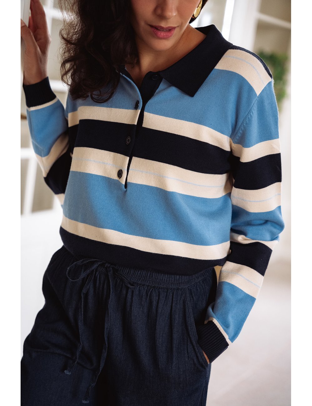 Sweat Eden - Sweat tricolore manches longues col polo boutonnage bords-côtes - Douze Juin