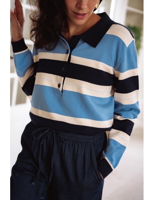 Sweat Eden - Sweat tricolore manches longues col polo boutonnage bords-côtes - Douze Juin