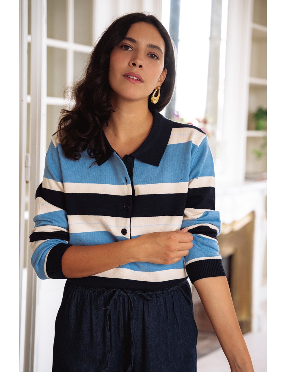 Sweat Eden - Sweat tricolore manches longues col polo boutonnage bords-côtes - Douze Juin