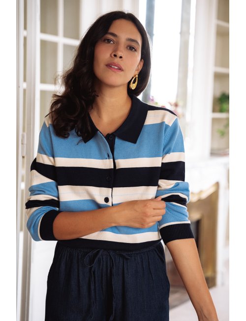 Sweat Eden - Sweat tricolore manches longues col polo boutonnage bords-côtes - Douze Juin
