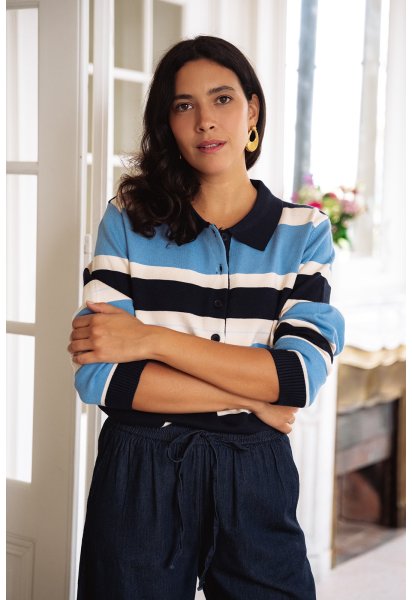 Sweat Eden - Sweat tricolore manches longues col polo boutonnage bords-côtes - Douze Juin