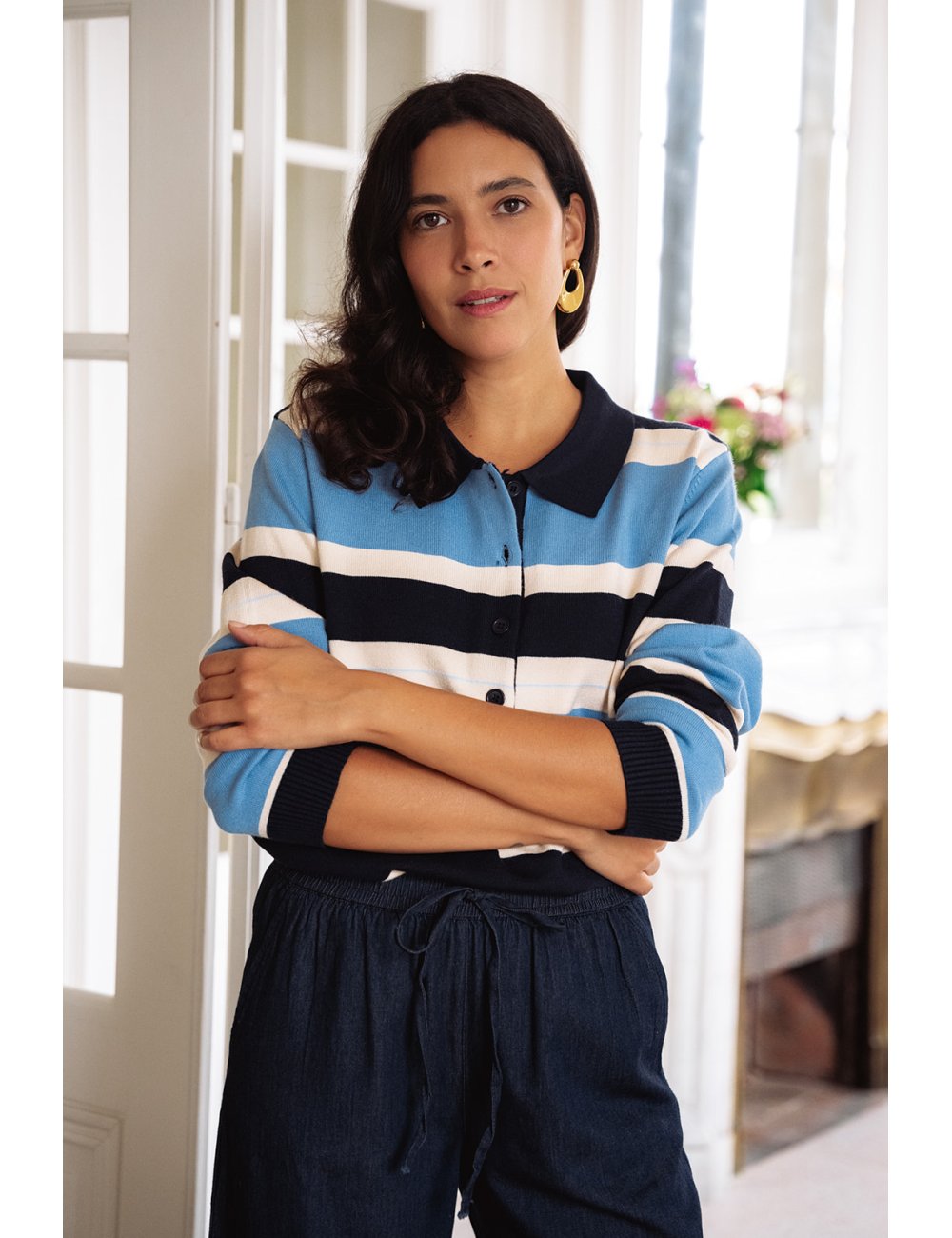 Sweat Eden - Sweat tricolore manches longues col polo boutonnage bords-côtes - Douze Juin