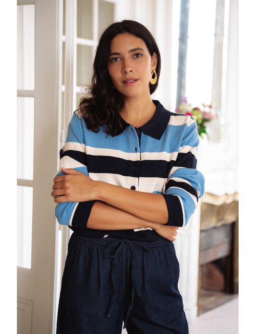 Sweat Eden - Sweat tricolore manches longues col polo boutonnage bords-côtes - Douze Juin