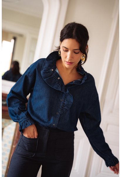 Chemise Cléo - Chemise denim manches longues encolure volant boutons-pressions - Douze Juin