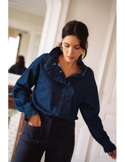 Chemise Cléo - Chemise denim manches longues encolure volant boutons-pressions - Douze Juin