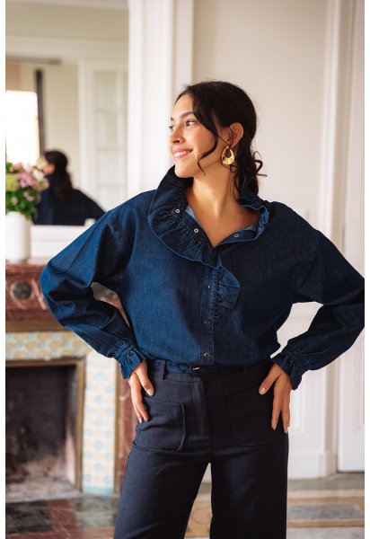 Chemise Cléo - Chemise denim manches longues encolure volant boutons-pressions - Douze Juin