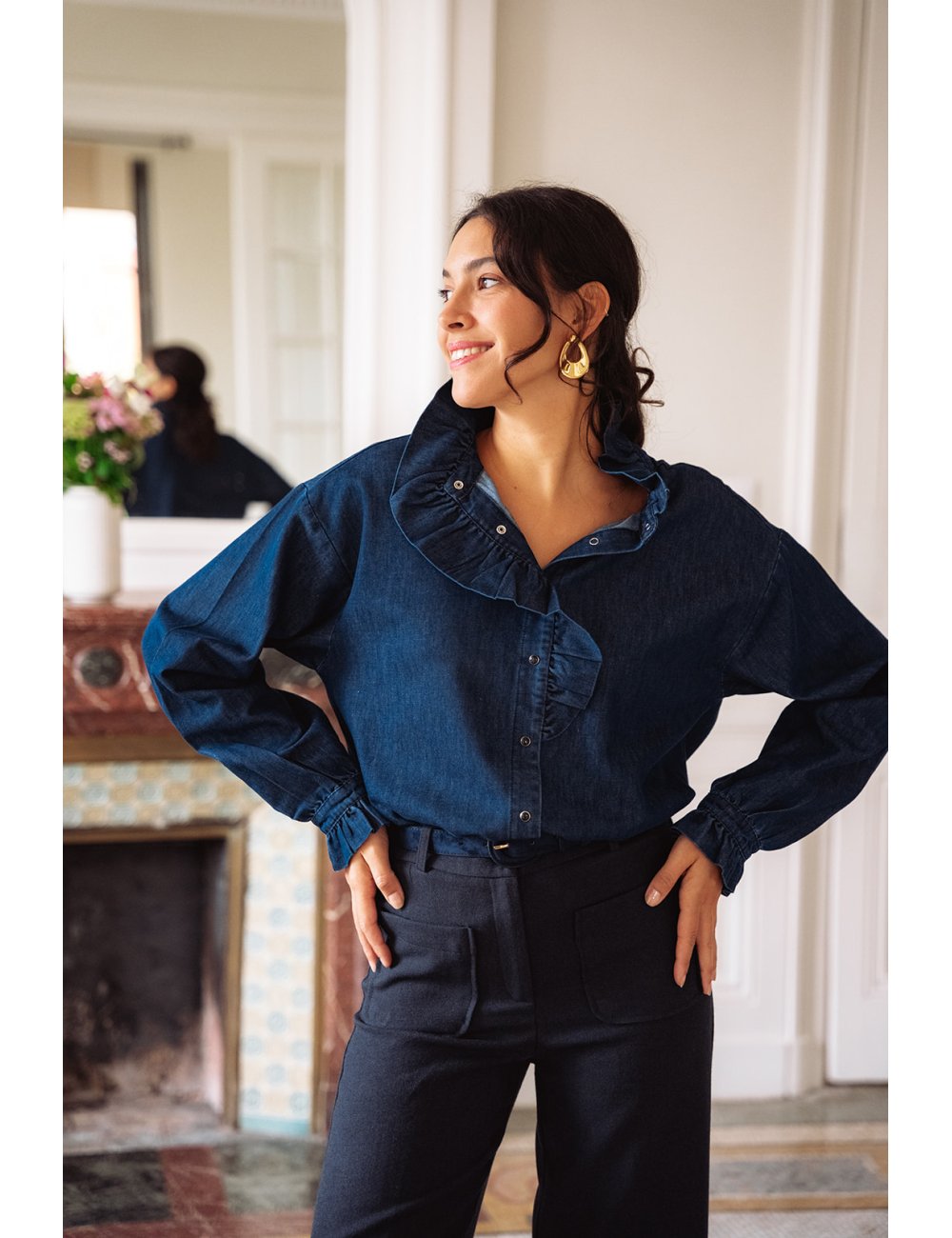 Chemise Cléo - Chemise denim manches longues encolure volant boutons-pressions - Douze Juin