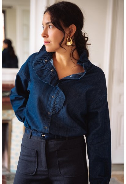 Chemise Cléo - Chemise denim manches longues encolure volant boutons-pressions - Douze Juin