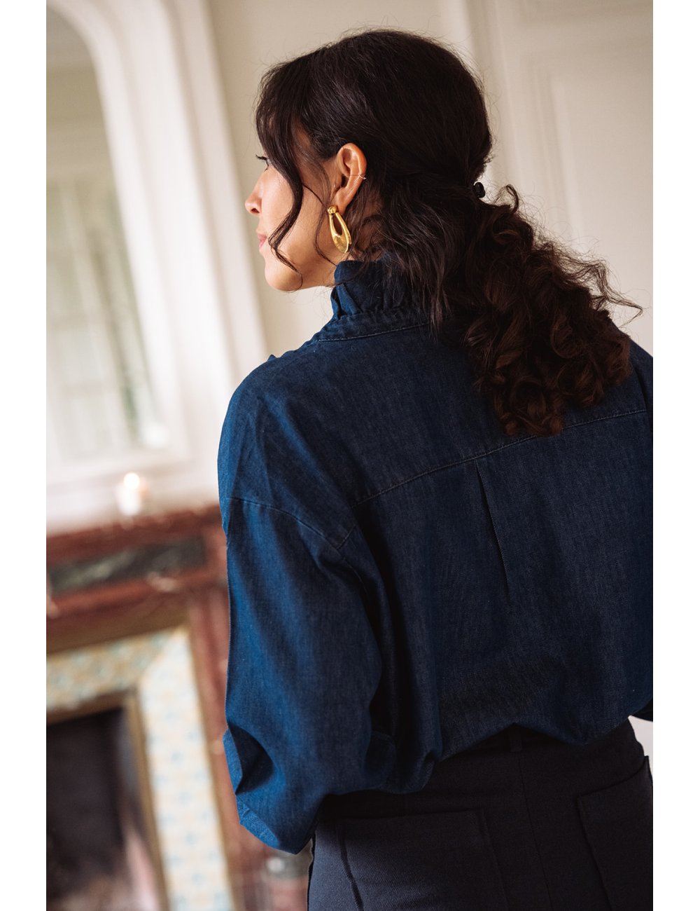 Chemise Cléo - Chemise denim manches longues encolure volant boutons-pressions - Douze Juin