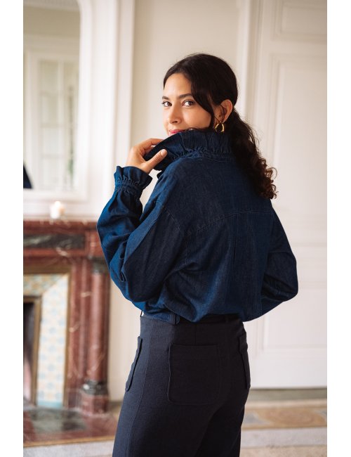 Chemise Cléo - Chemise denim manches longues encolure volant boutons-pressions - Douze Juin