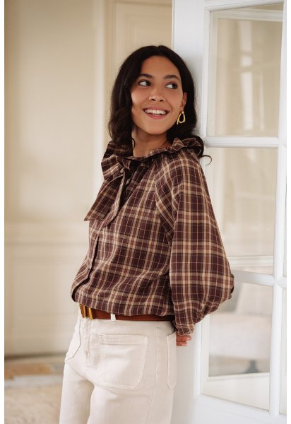 Chemise Automne - Chemise carreaux marron manches longues col volant boutonnage intégral - Douze Juin