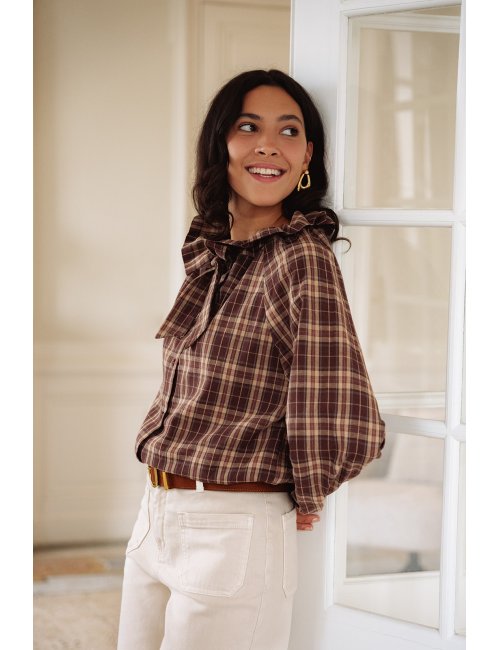 Chemise Automne - Chemise carreaux marron manches longues col volant boutonnage intégral - Douze Juin
