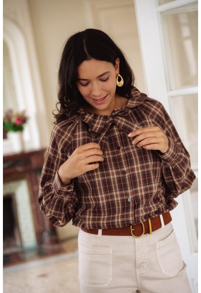 Chemise Automne - Chemise carreaux marron manches longues col volant boutonnage intégral - Douze Juin