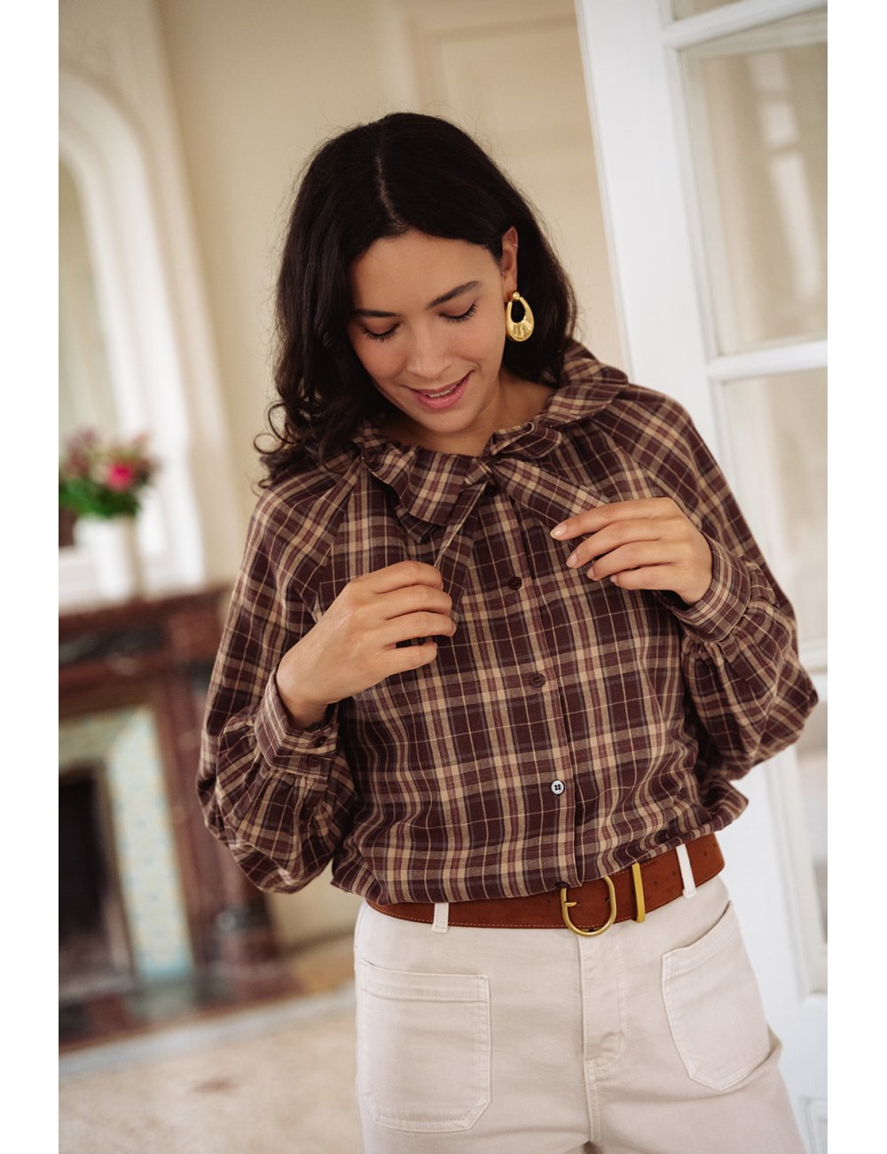 Chemise Automne - Chemise carreaux marron manches longues col volant boutonnage intégral - Douze Juin