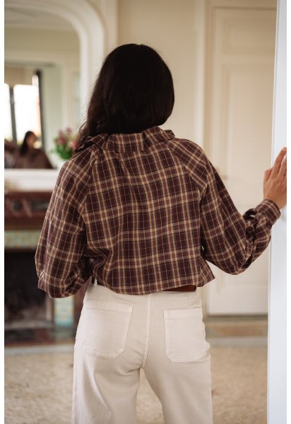 Chemise Automne - Chemise carreaux marron manches longues col volant boutonnage intégral - Douze Juin