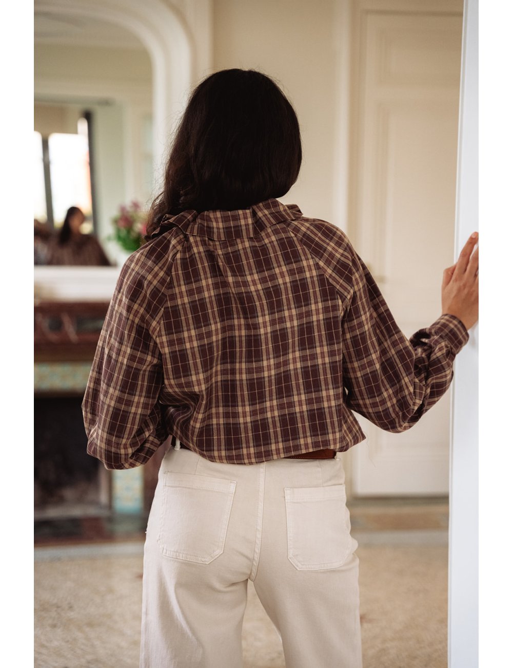 Chemise Automne - Chemise carreaux marron manches longues col volant boutonnage intégral - Douze Juin
