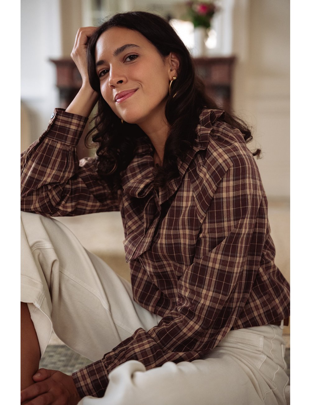 Chemise Automne - Chemise carreaux marron manches longues col volant boutonnage intégral - Douze Juin