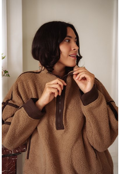 Pull polaire Gaston - Polaire marron col montant zip manches longues poches avant - Douze Juin