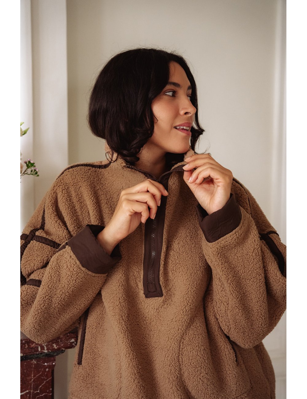 Pull polaire Gaston - Polaire marron col montant zip manches longues poches avant - Douze Juin