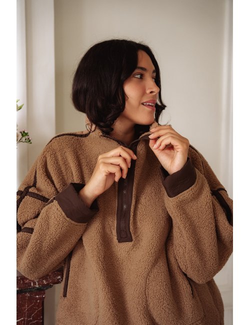 Pull polaire Gaston - Polaire marron col montant zip manches longues poches avant - Douze Juin