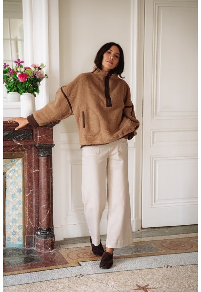 Pull polaire Gaston - Polaire marron col montant zip manches longues poches avant - Douze Juin