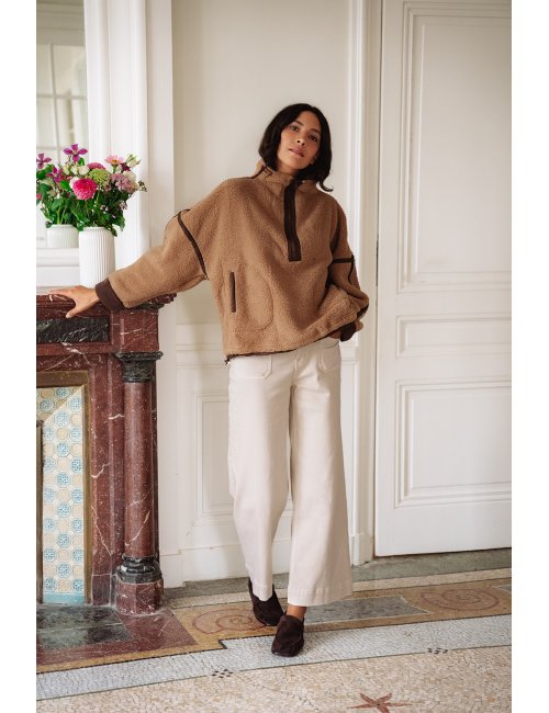 Pull polaire Gaston - Polaire marron col montant zip manches longues poches avant - Douze Juin