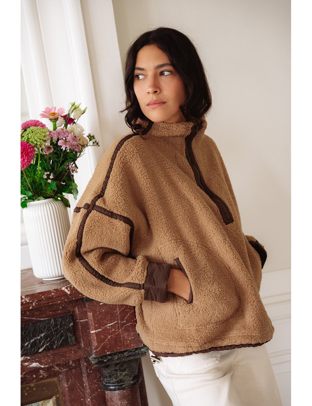 Pull polaire Gaston - Polaire marron col montant zip manches longues poches avant - Douze Juin