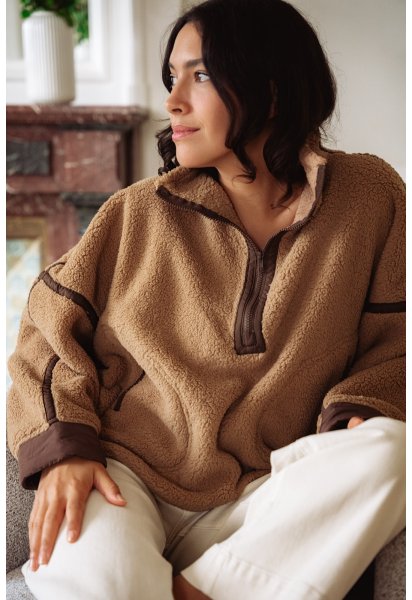 Pull polaire Gaston - Polaire marron col montant zip manches longues poches avant - Douze Juin
