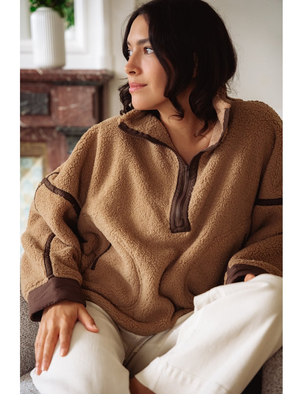 Pull polaire Gaston - Polaire marron col montant zip manches longues poches avant - Douze Juin
