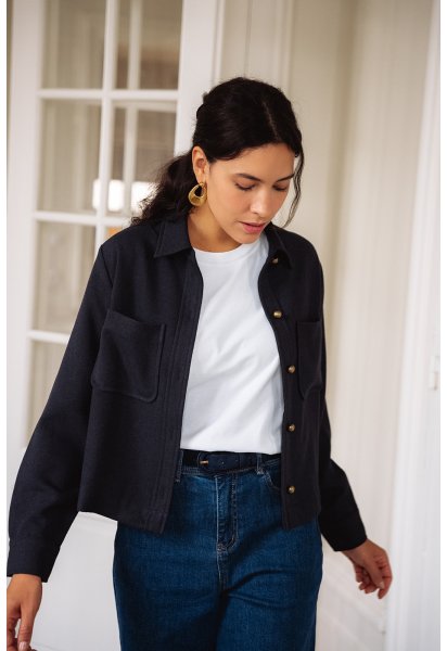 Veste Célestine - Veste marine manches longues col chemise boutonnage intégral coupe droite - Douze Juin