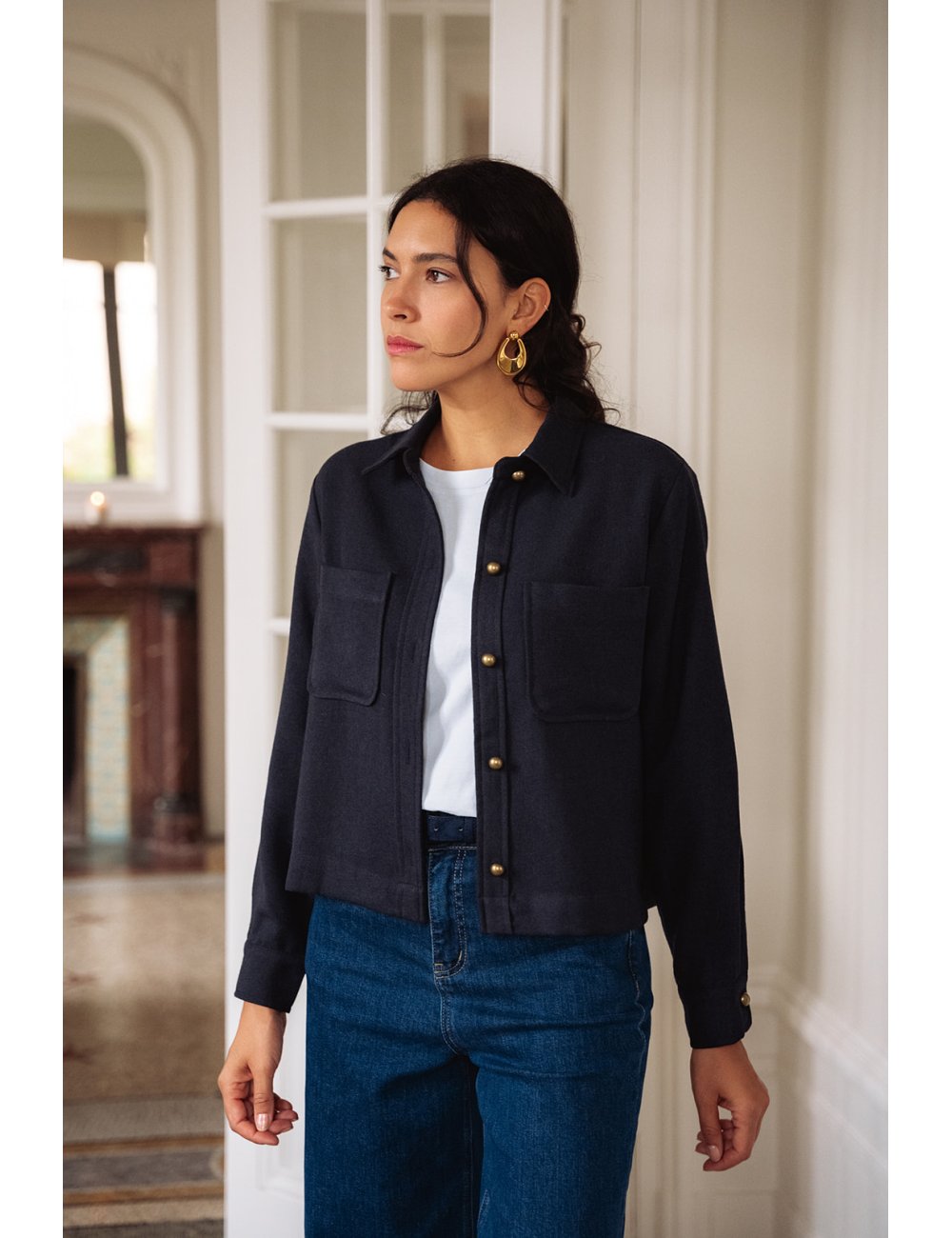 Veste Célestine - Veste marine manches longues col chemise boutonnage intégral coupe droite - Douze Juin
