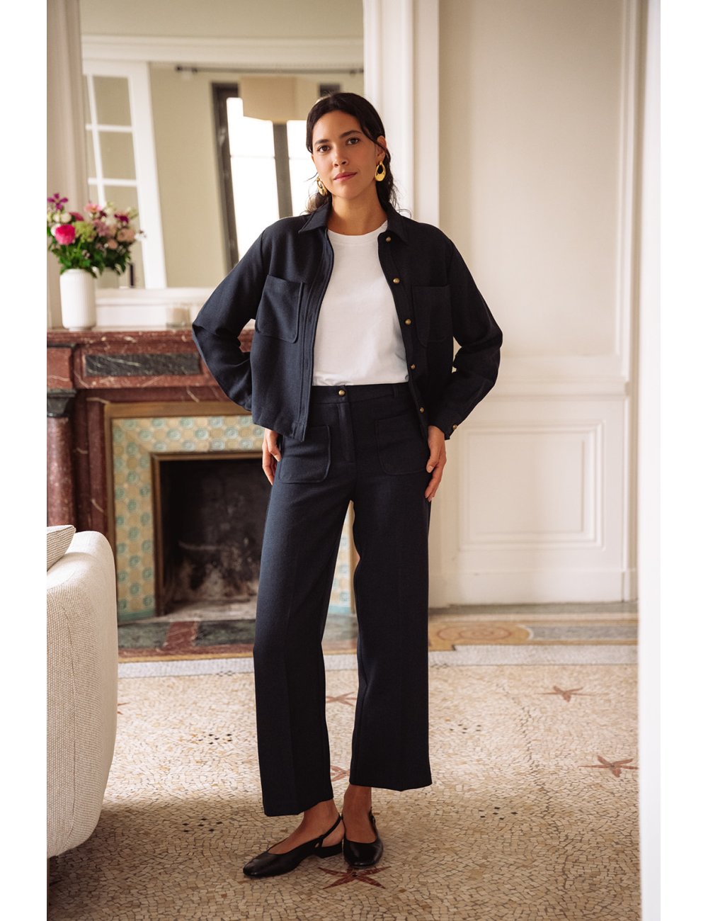 Veste Célestine - Veste marine manches longues col chemise boutonnage intégral coupe droite - Douze Juin
