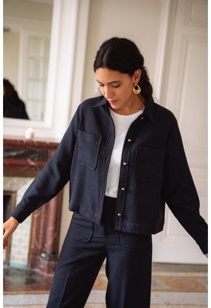 Veste Célestine - Veste marine manches longues col chemise boutonnage intégral coupe droite - Douze Juin
