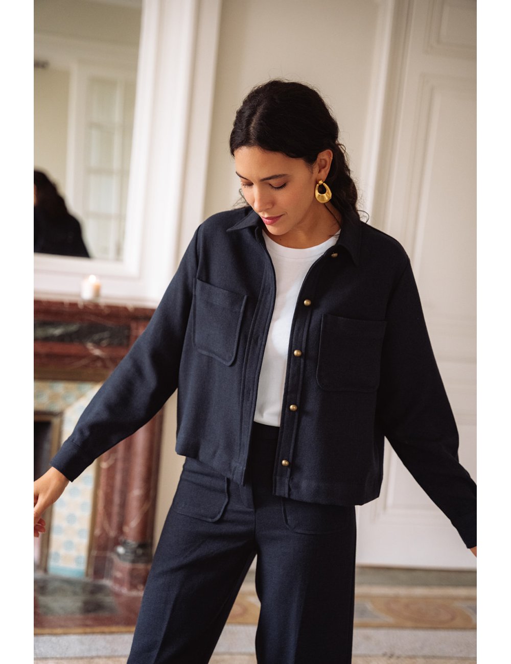 Veste Célestine - Veste marine manches longues col chemise boutonnage intégral coupe droite - Douze Juin
