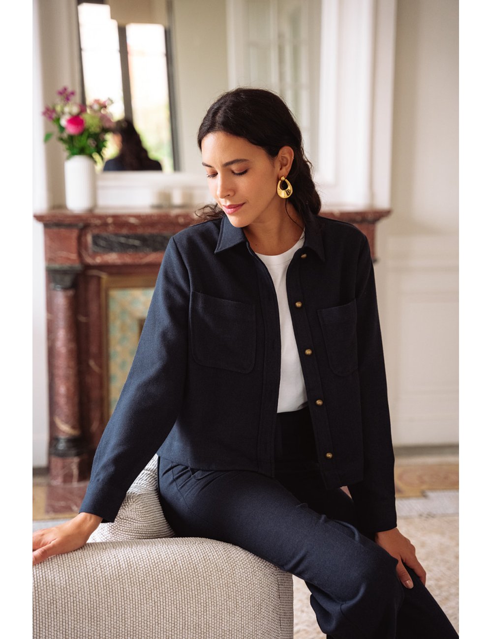 Veste Célestine - Veste marine manches longues col chemise boutonnage intégral coupe droite - Douze Juin