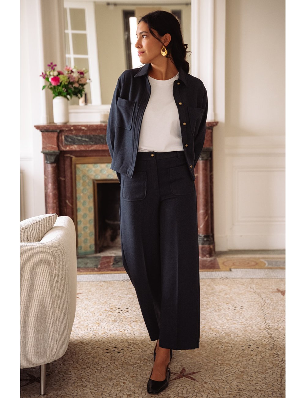 Pantalon Robin - Pantalon marine taille haute jambe droite poches plaquées - Douze Juin