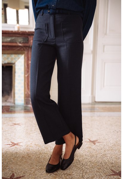 Pantalon Robin - Pantalon marine taille haute jambe droite poches plaquées - Douze Juin