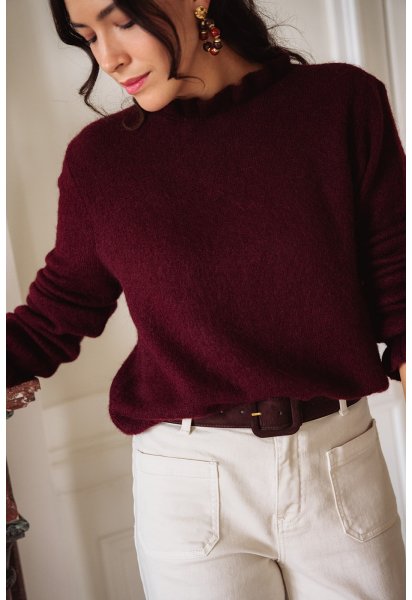 Pull Basile - Pull bordeaux manches longues col rond volant bords-côtes - Douze Juin