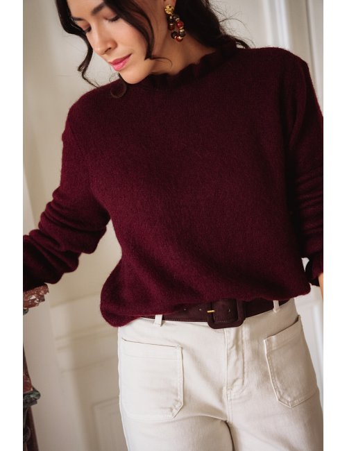 Pull Basile - Pull bordeaux manches longues col rond volant bords-côtes - Douze Juin