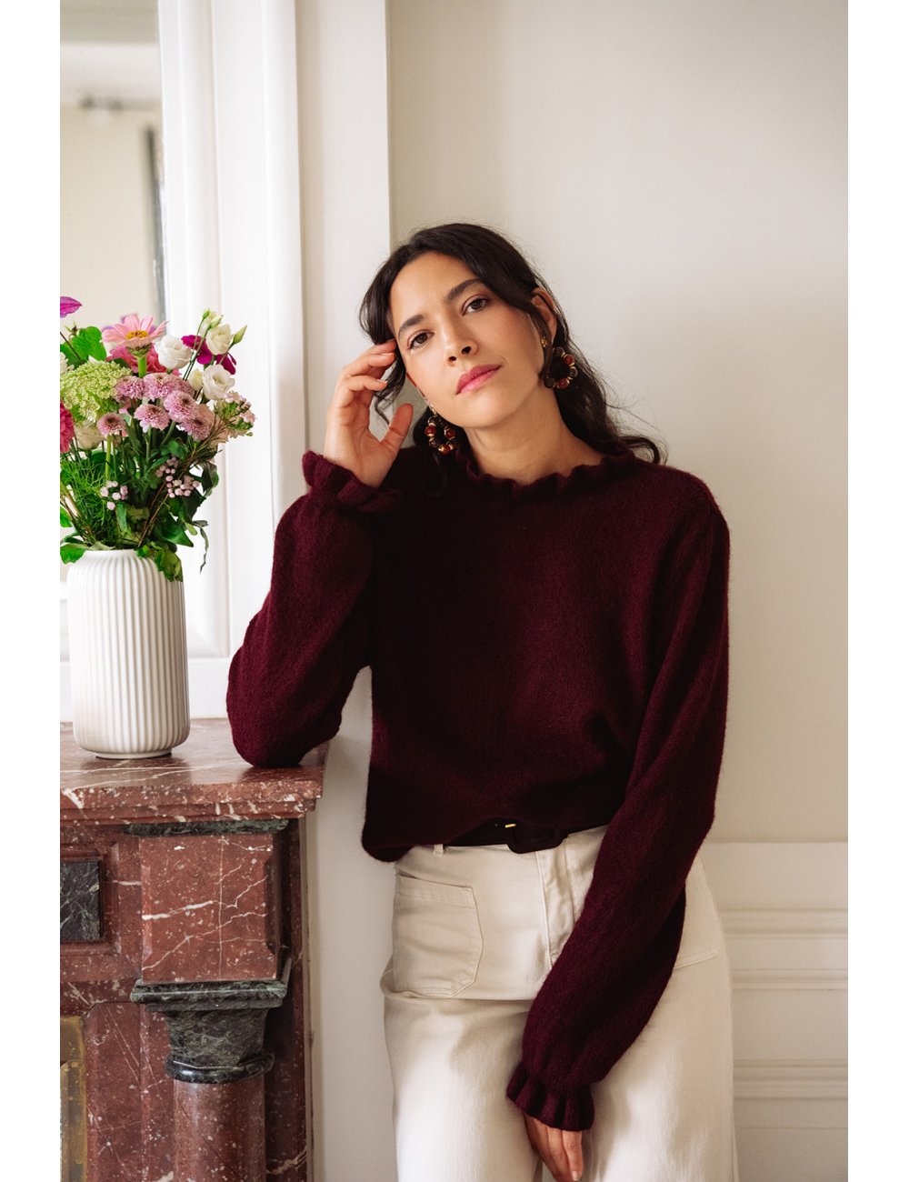 Pull Basile - Pull bordeaux manches longues col rond volant bords-côtes - Douze Juin